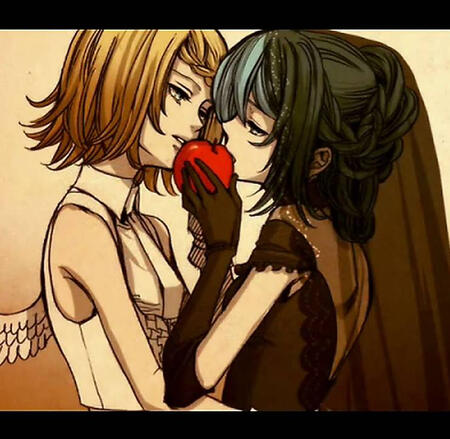 Kagamine Rin and Hatsune Miku from the song "~Alluring Secret, Black Vow~"